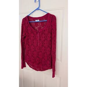 Aeropostale Red Lace Sheer Long Sleeve Henley Y2K Shirt, Large, Vintage